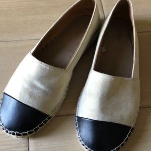 Tan and black faux suede espadrille flats